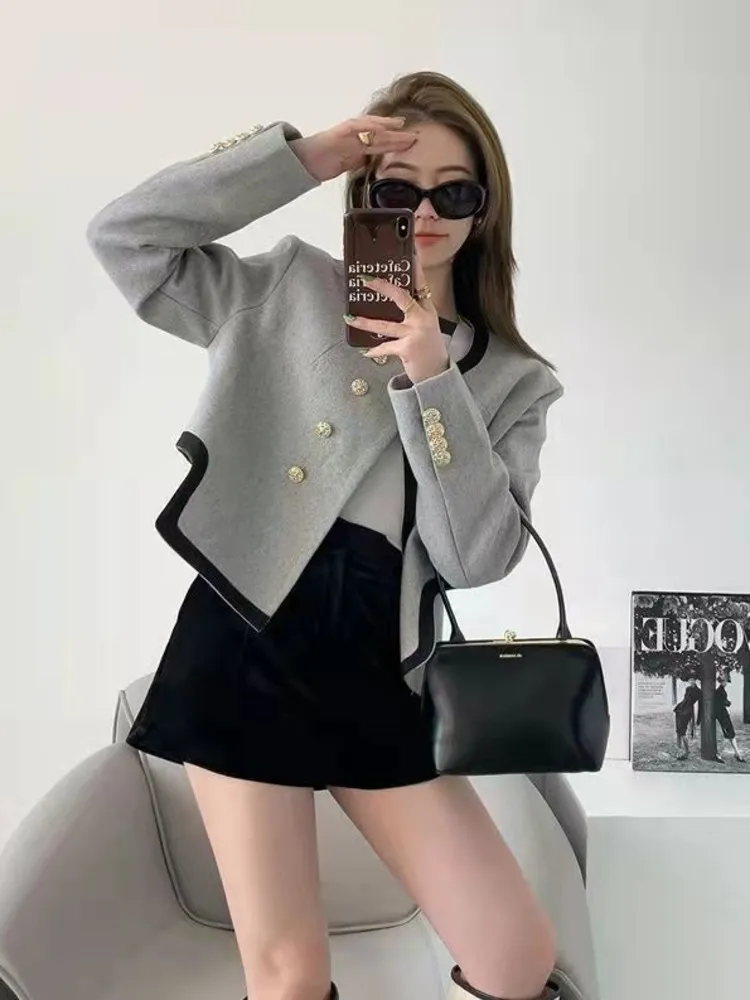 Women's Blazer Chic Elegant Round Neck Clothing Casual Temperament Double-breasted Irregular Long Sleeve Coat Clothes Top New