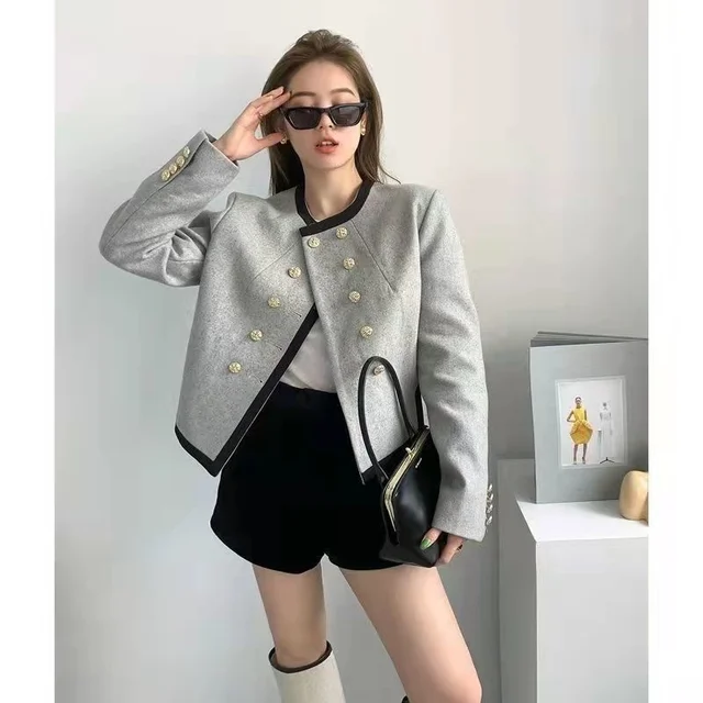 Women's Blazer Chic Elegant Round Neck Clothing Casual Temperament Double-breasted Irregular Long Sleeve Coat Clothes Top New