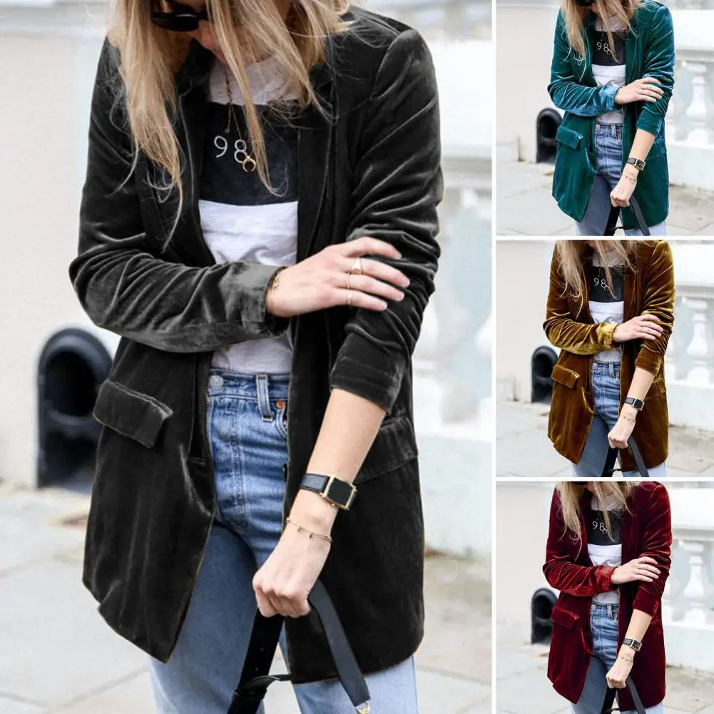 Women Blazer Suits Velvet Solid Color Long Sleeve Turndown Collar Loose Temperament Patchwork Streetwear