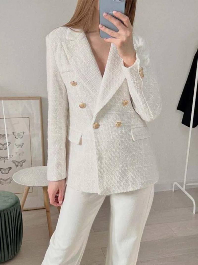 Women Jacket  Traf Fashion Double Breasted Tweed Blazer Coat Vintage Long Sleeve Outerwear Chic Top