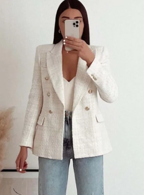 Women Jacket  Traf Fashion Double Breasted Tweed Blazer Coat Vintage Long Sleeve Outerwear Chic Top