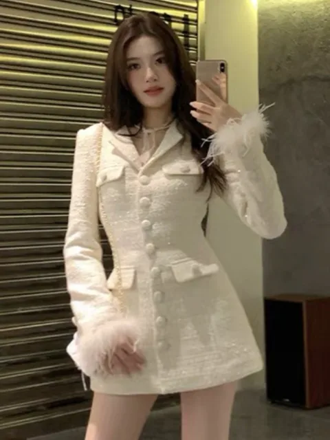 Women Elegant Solid Long Blazer Coat Single Breasted V-neck  Evening Party Dress Feathers Outerwear