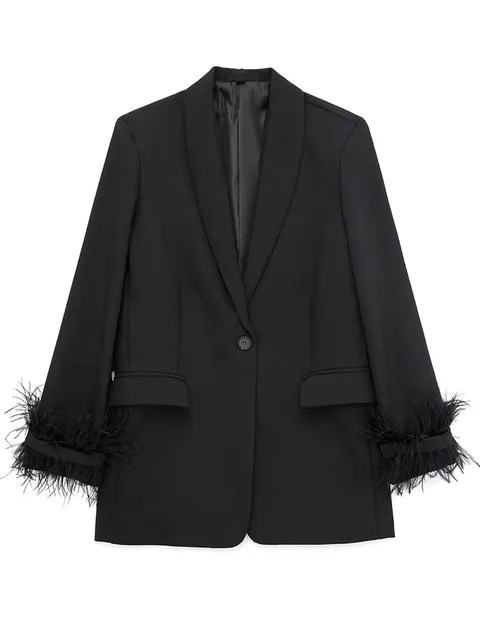 Women Feather Blazer Button Jacket Long Sleeve Office Wear Streetwear Coats
