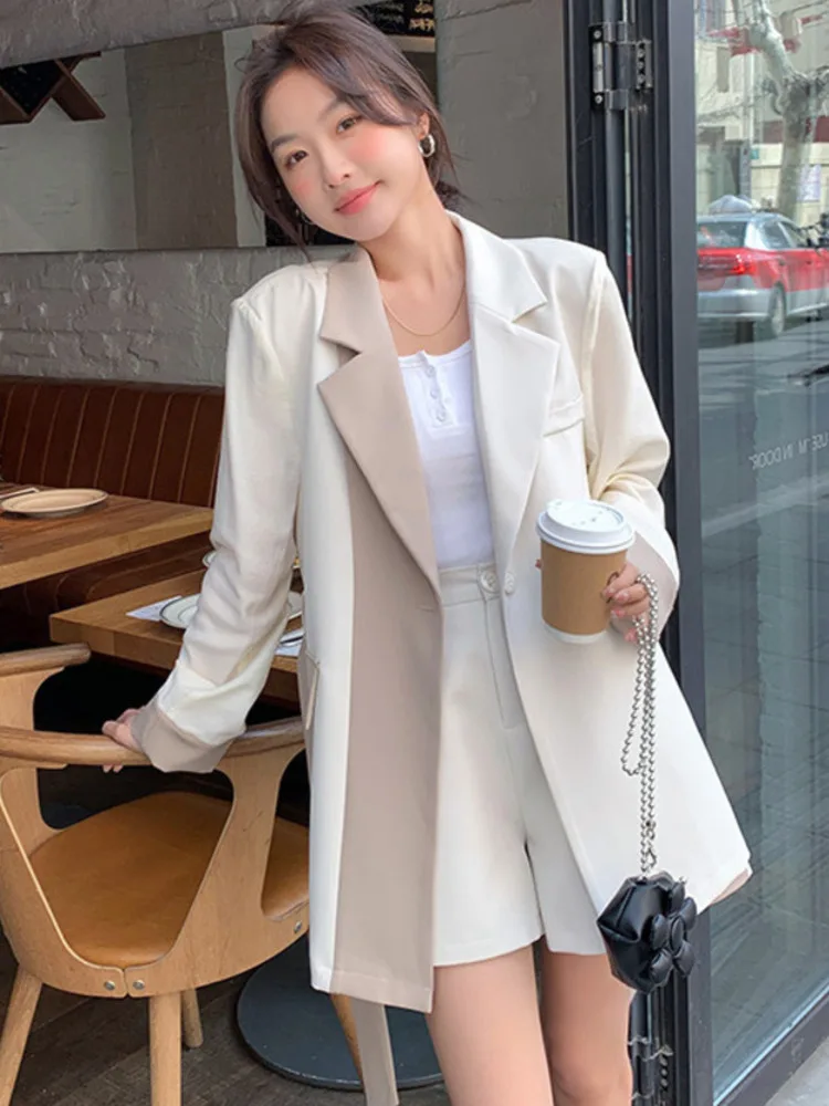 Women Contrast Color Lace-up Blazer Coat Long Sleeve Patchwork Pocket Suit Jacket