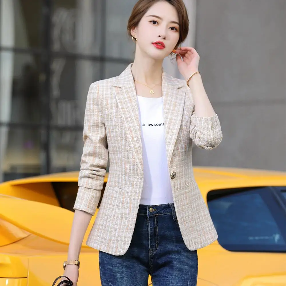 Woman Plaid Blazer Outwear Casual Jackets Slim Single Button Coat