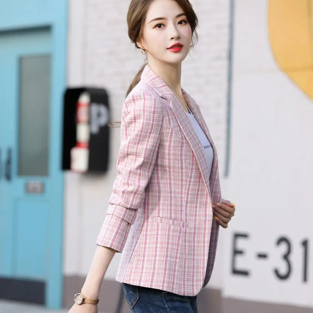 Woman Plaid Blazer Outwear Casual Jackets Slim Single Button Coat