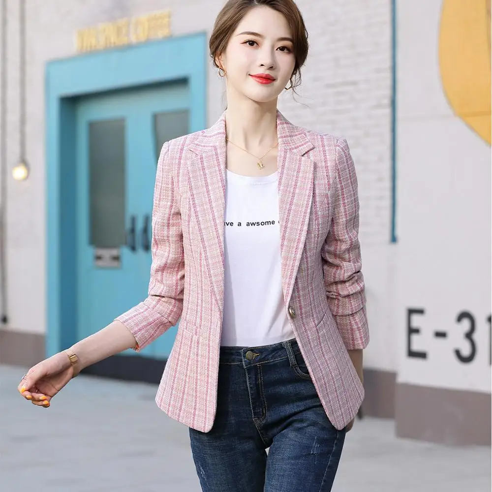 Woman Plaid Blazer Outwear Casual Jackets Slim Single Button Coat