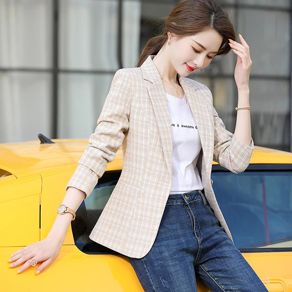 Woman Plaid Blazer Outwear Casual Jackets Slim Single Button Coat
