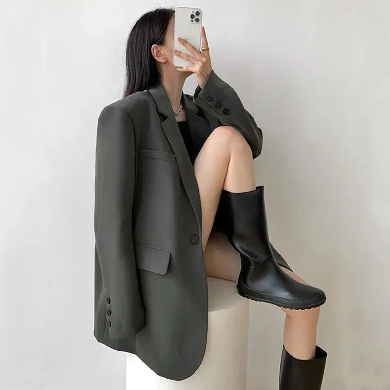 Women Blazer Vintage Long Sleeve Pockets Outerwear Casual Loose Notched Collar Jacket Coat