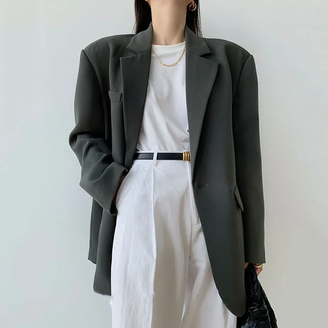 Women Blazer Vintage Long Sleeve Pockets Outerwear Casual Loose Notched Collar Jacket Coat