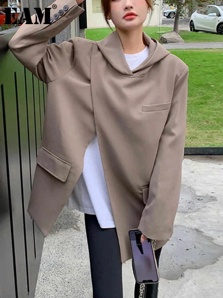Women Slit Irregular Big Size Blazer New Hooded Long Sleeve Loose Fit Jacket