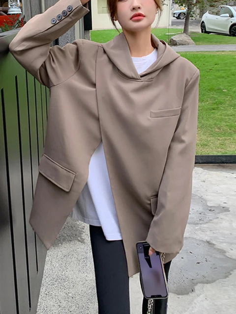 Women Slit Irregular Big Size Blazer New Hooded Long Sleeve Loose Fit Jacket