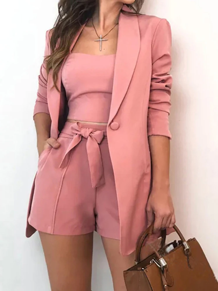 Women's Suit Blazer And Shorts Crop Top 3 Pieces Sets New Solid Elegant Outfits Suits