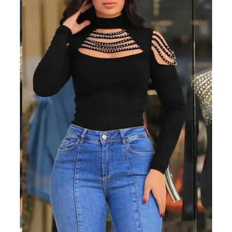 Women Chic Rhinestone Patchwork Hollow Out Off Shoulder Long Sleeves Sexy Black Basic Blouse Tops