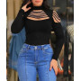 Women Chic Rhinestone Patchwork Hollow Out Off Shoulder Long Sleeves Sexy Black Basic Blouse Tops