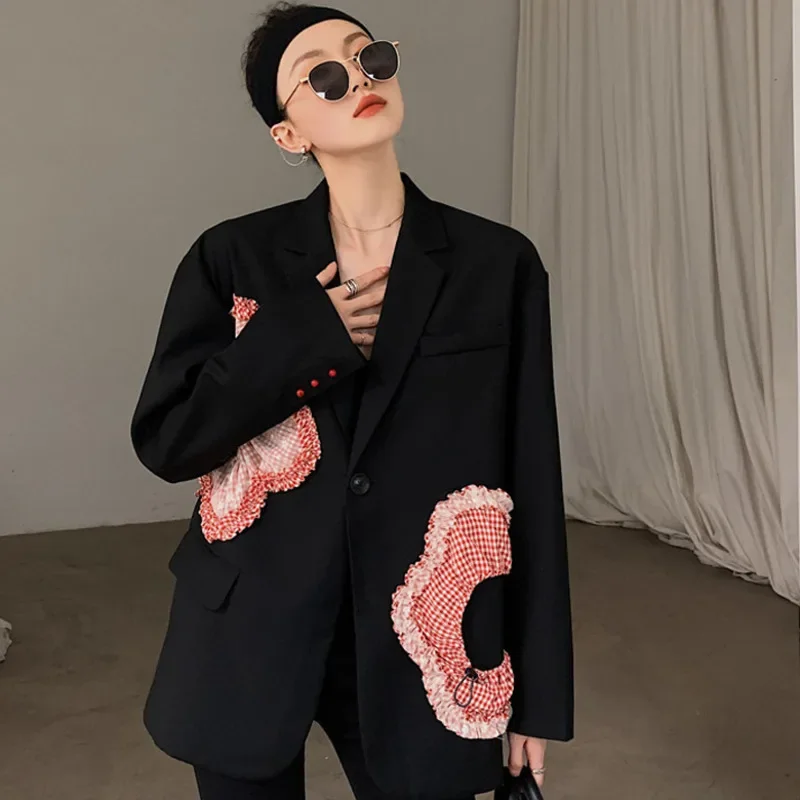 Women Turn-down Collar Loose Patchwork Long-sleeved Solid Blazer Coat Floral Minimalist Suit Top