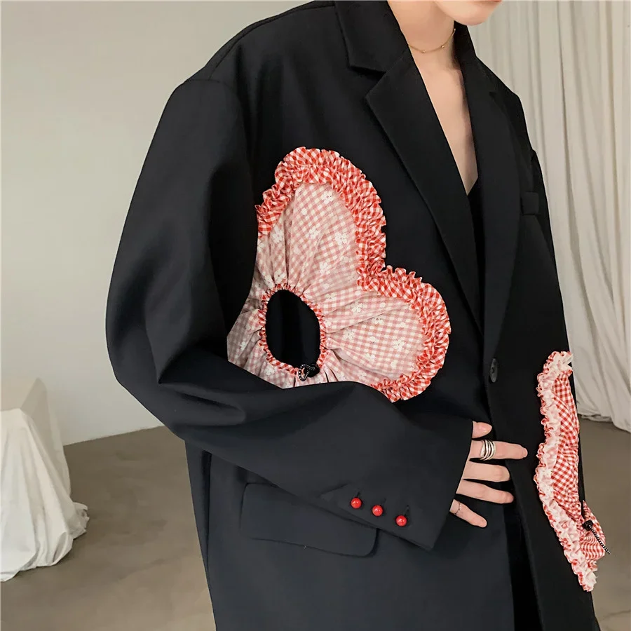 Women Turn-down Collar Loose Patchwork Long-sleeved Solid Blazer Coat Floral Minimalist Suit Top