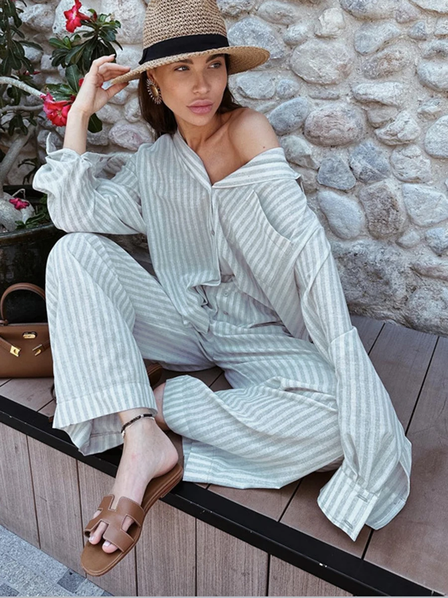 Women Classic Striped Loose Blouse Pant 2 Piece Set Lapel Single Breasted Long Sleeve Blouse with Straight Pant Sets