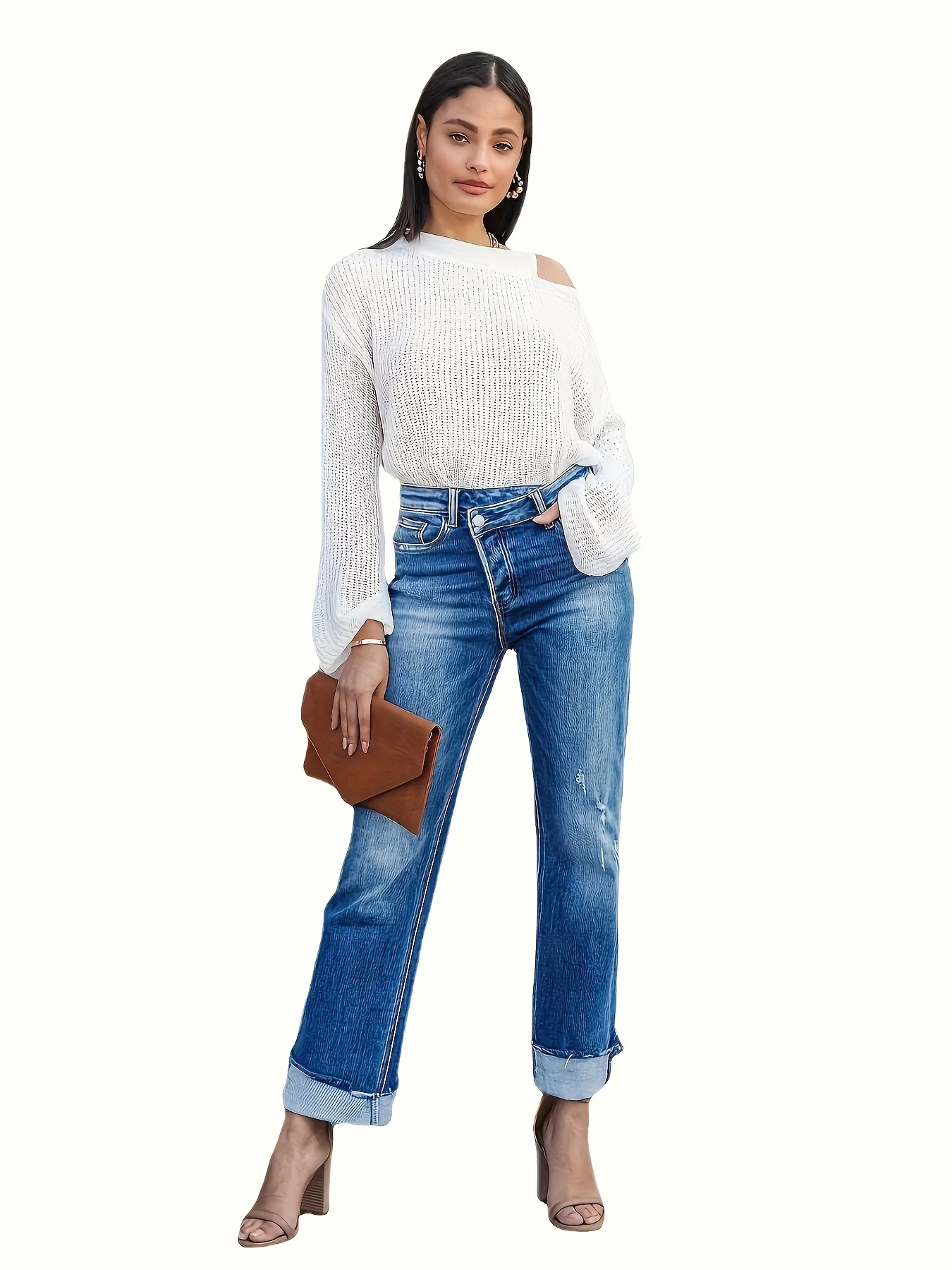 Women Waist Casual Straight Jeans Loose Fit Rolled Hem Denim Pants