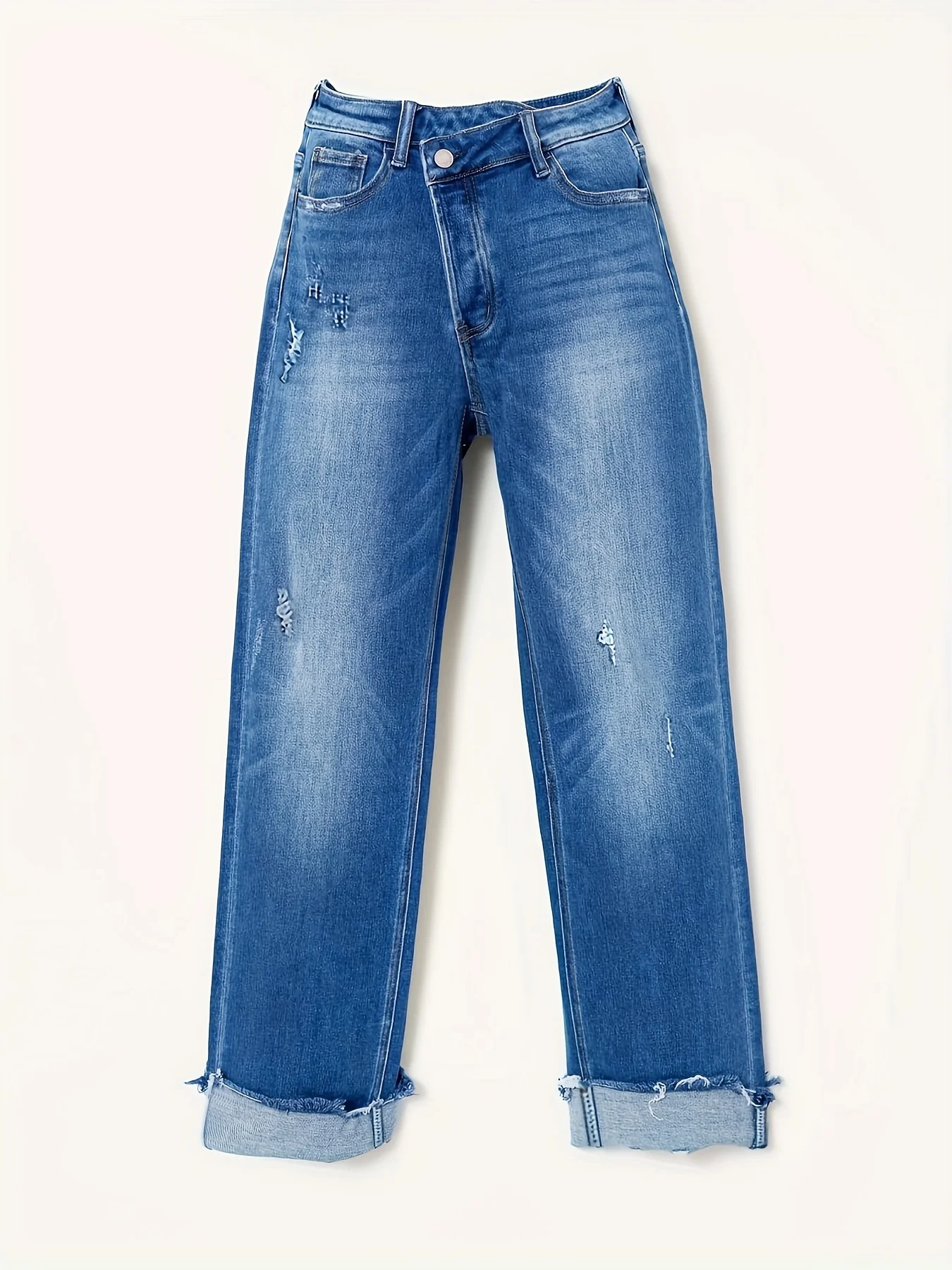 Women Waist Casual Straight Jeans Loose Fit Rolled Hem Denim Pants