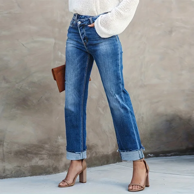 Women Waist Casual Straight Jeans Loose Fit Rolled Hem Denim Pants