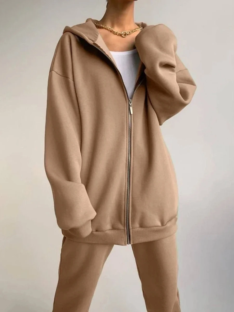Women Solid Color Oversized Sweatshirt 2 Piece Set Casual Hooded Zipper Hoodie with Long Sweatpants