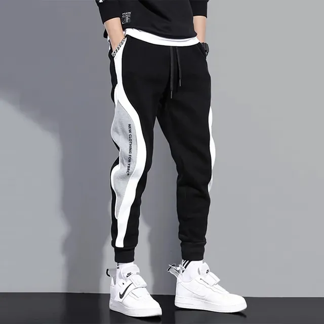 Men's Wide Loose Casual Pants Patchwork Nine-point Sports Elastic Rope Breathable Tie-foot Trousers