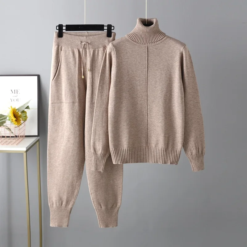 Women Turtleneck Sweater Two Piece Set Knitted Pants Suits Fashion Casual Pullover Tracksuits