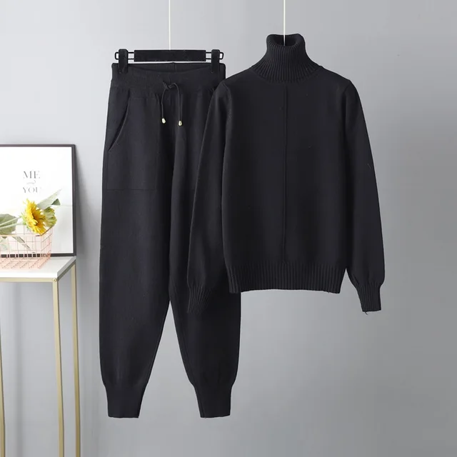 Women Turtleneck Sweater Two Piece Set Knitted Pants Suits Fashion Casual Pullover Tracksuits