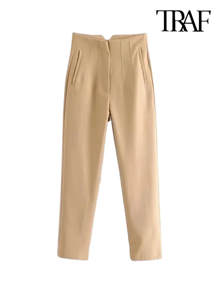 Women Fashion With Pockets Casual Basic Solid Pants Vintage High Waist Zipper Fly Ankle Trousers