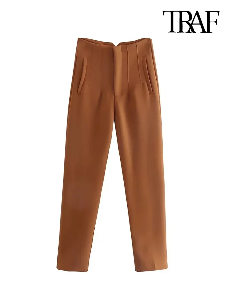 Women Fashion With Pockets Casual Basic Solid Pants Vintage High Waist Zipper Fly Ankle Trousers