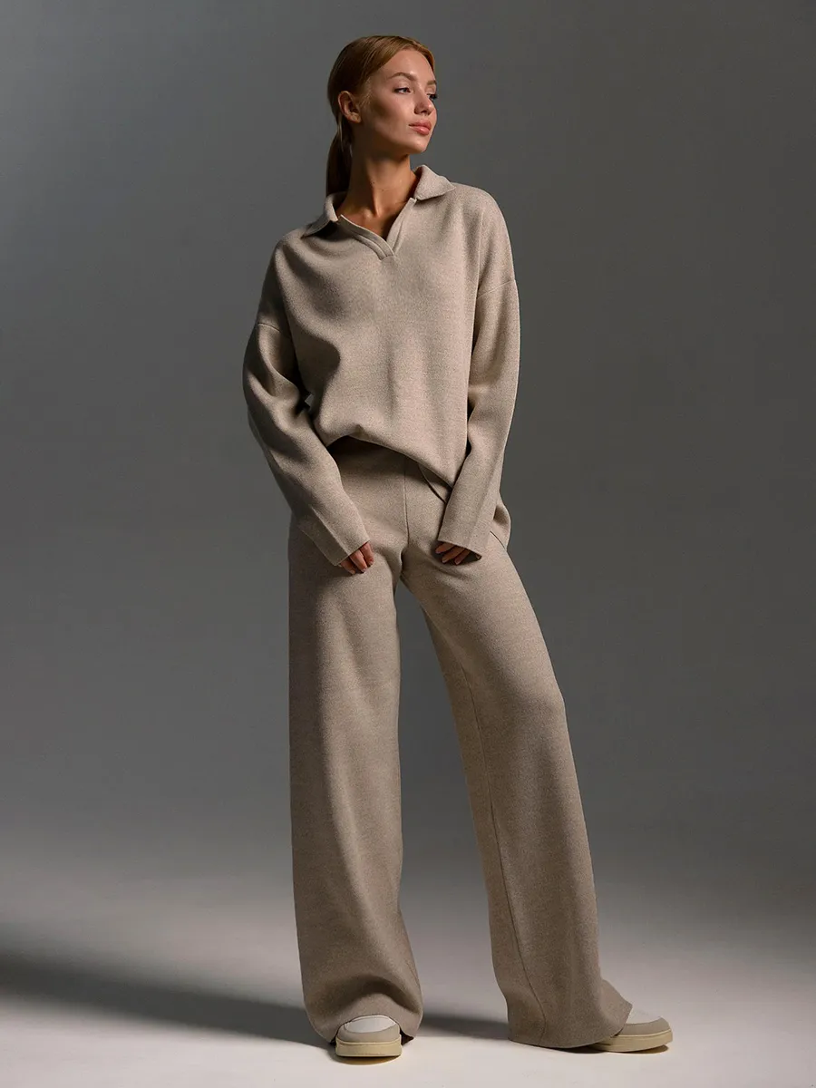 Women Knitted Suits Soft 2 Pieces Sets Female Polo Neck Sweater & Wide Leg Pants Knitted Outfit