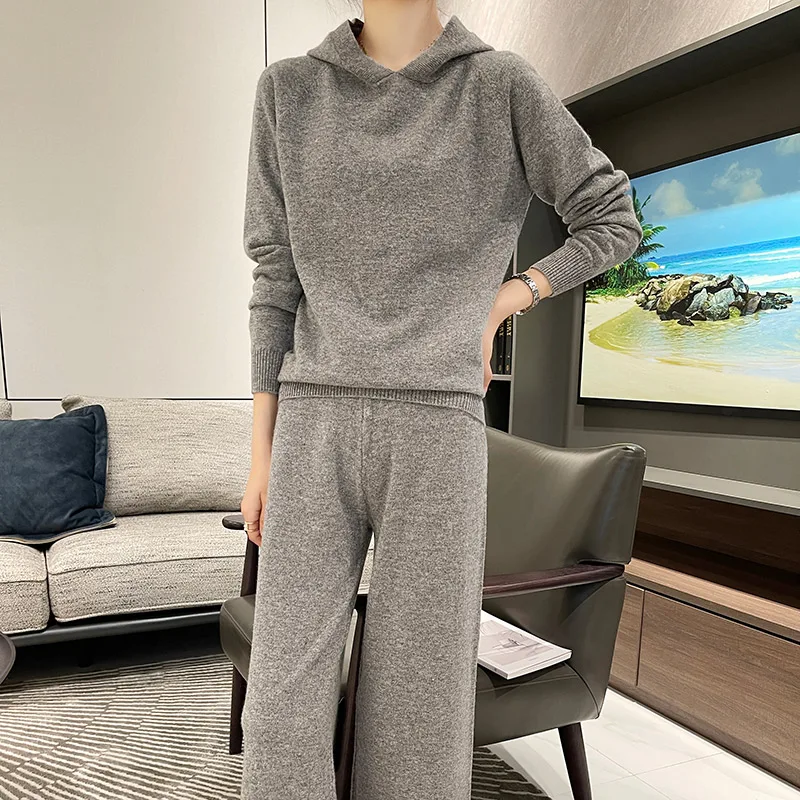 Women Cashmere Suit Hooded Collar Pullover 100% Pure Wool Two-piece Casual Knitted Plus Size Top Pants