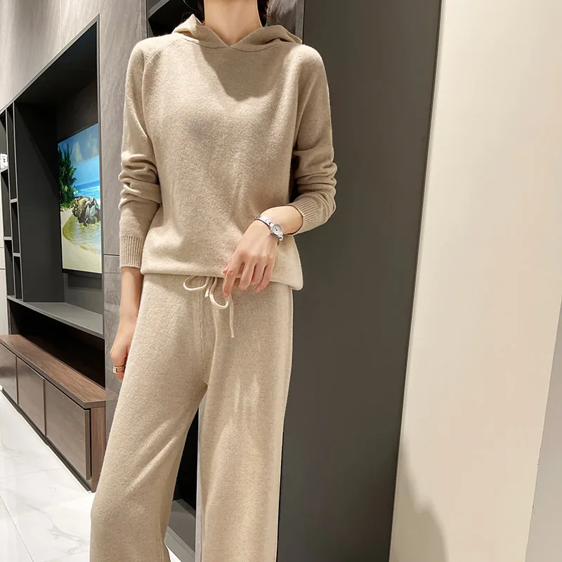 Women Cashmere Suit Hooded Collar Pullover 100% Pure Wool Two-piece Casual Knitted Plus Size Top Pants