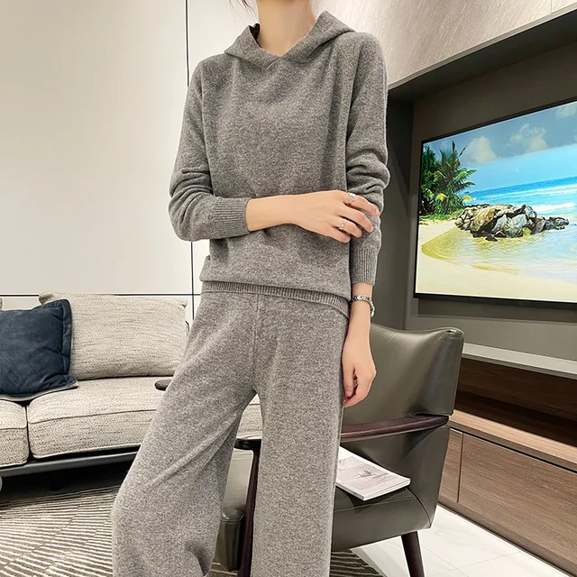 Women Cashmere Suit Hooded Collar Pullover 100% Pure Wool Two-piece Casual Knitted Plus Size Top Pants