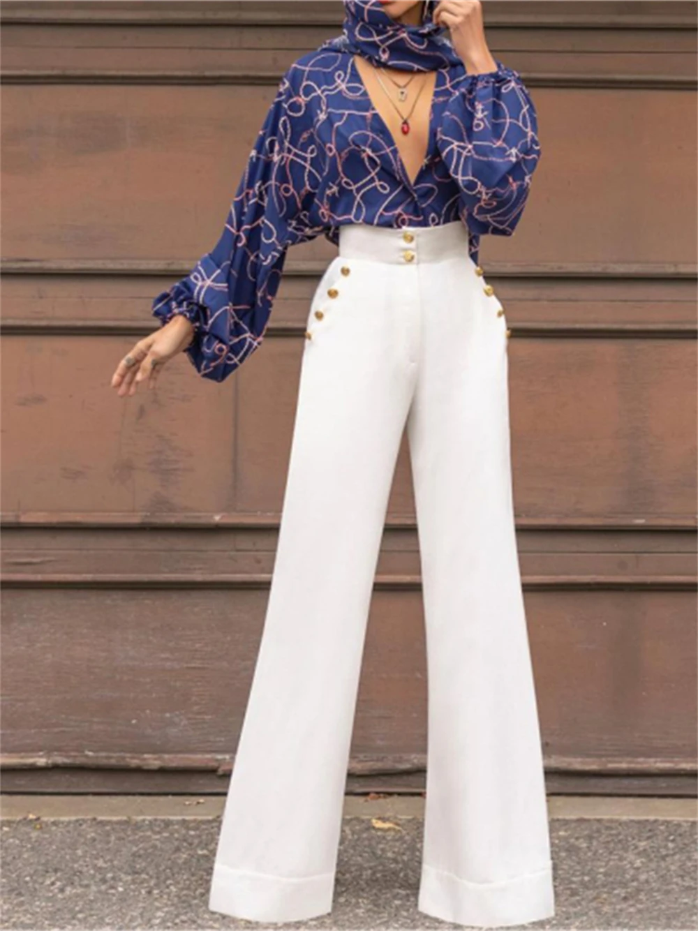 Women Two Piece Set Deep V-neck Sexy Top+ Trousers Casual Shirt Wide Leg Straight Pants Set