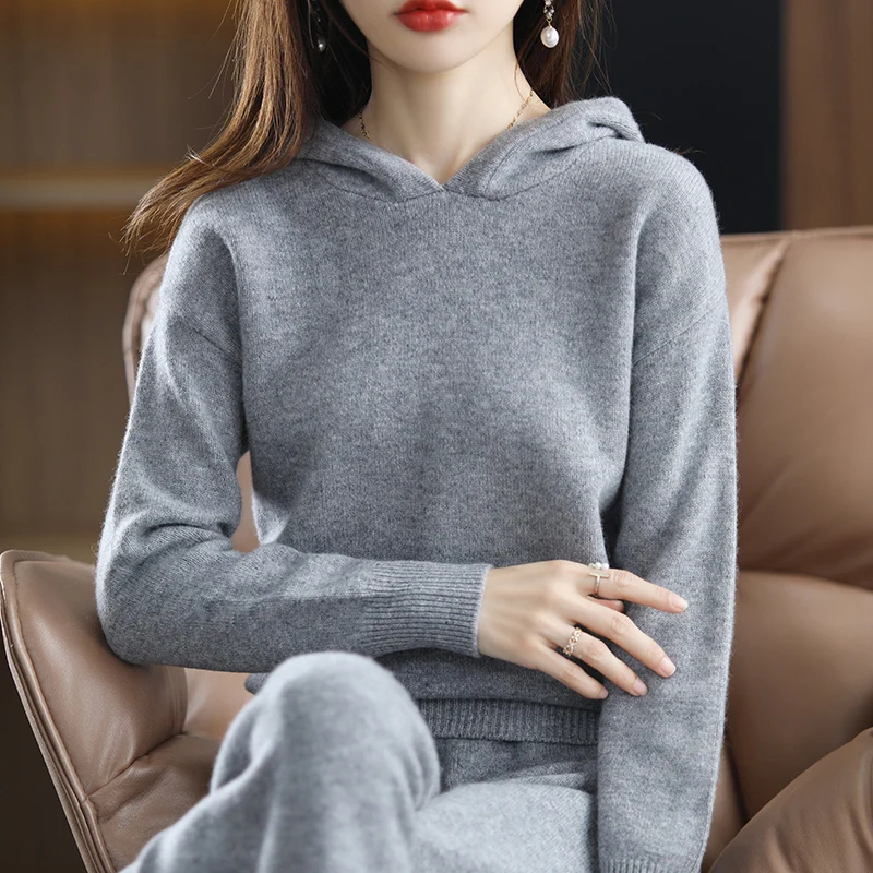 Women 100% pure wool suit 2 Piece Set hooded collar pullover casual plus size top loose wide-leg pants trousers