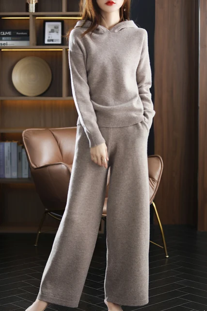 Women 100% pure wool suit 2 Piece Set hooded collar pullover casual plus size top loose wide-leg pants trousers