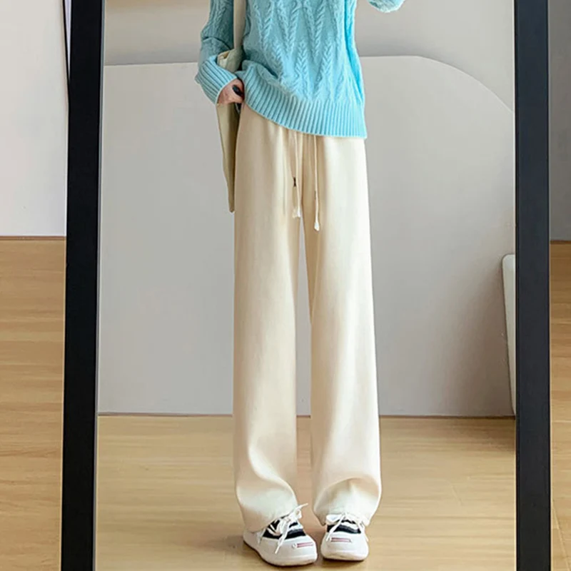 Women Corduroy Long Pants High Waist Wide Leg Pants Thick Fleece Inside Long Pants Trousers