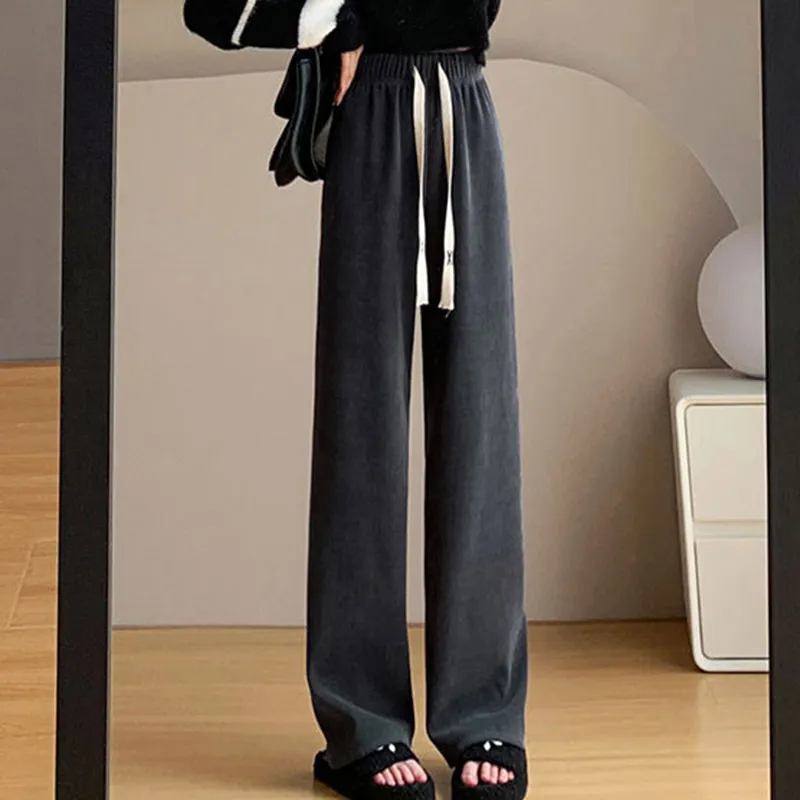 Women Corduroy Long Pants High Waist Wide Leg Pants Thick Fleece Inside Long Pants Trousers