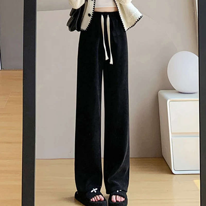 Women Corduroy Long Pants High Waist Wide Leg Pants Thick Fleece Inside Long Pants Trousers