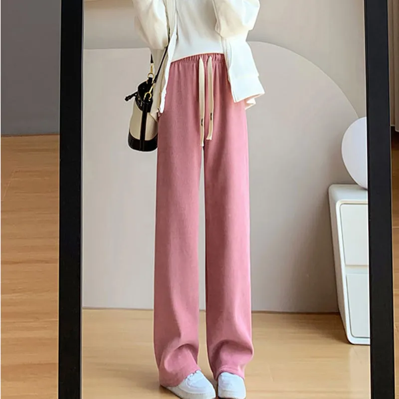 Women Corduroy Long Pants High Waist Wide Leg Pants Thick Fleece Inside Long Pants Trousers