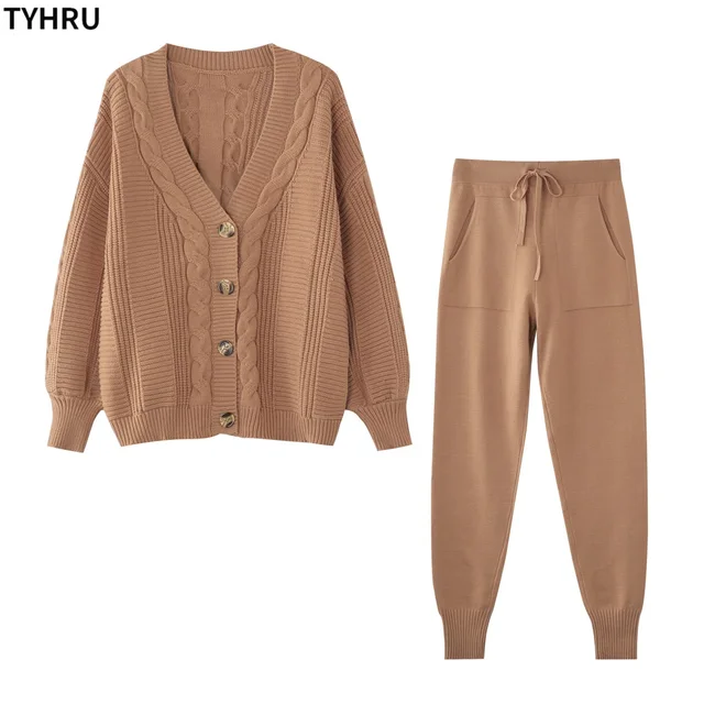 TYHRU Women Knitting 2-pieces sweater Suit Hemp Flower V-neck Single-Breasted Cardigan + Pants Lady Winter Sweater Set