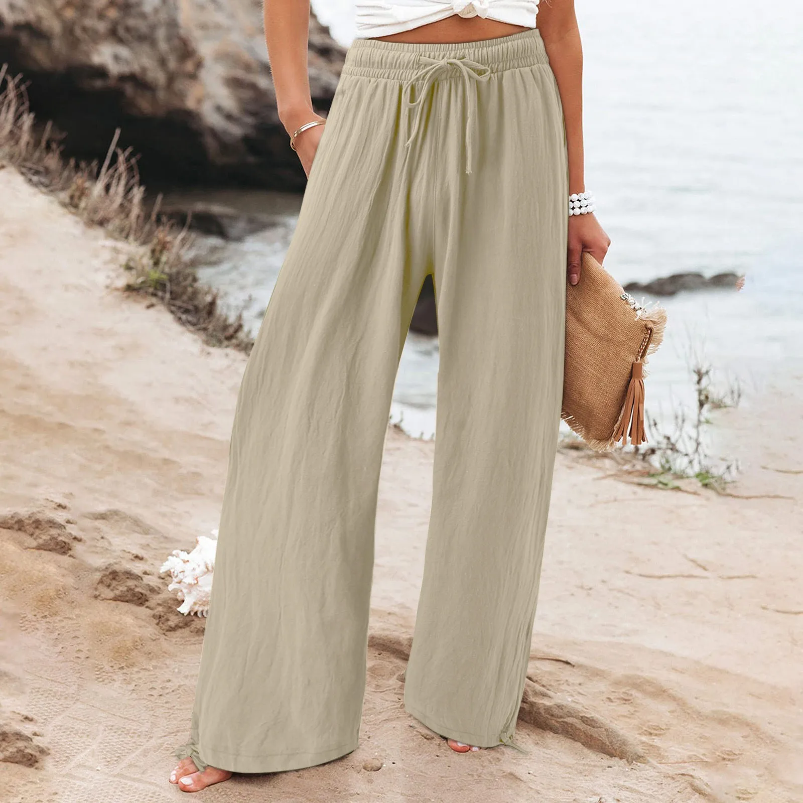 Women's Cotton Linen Pants Drawstring Waist Wide Leg Loose Trousers with Pockets