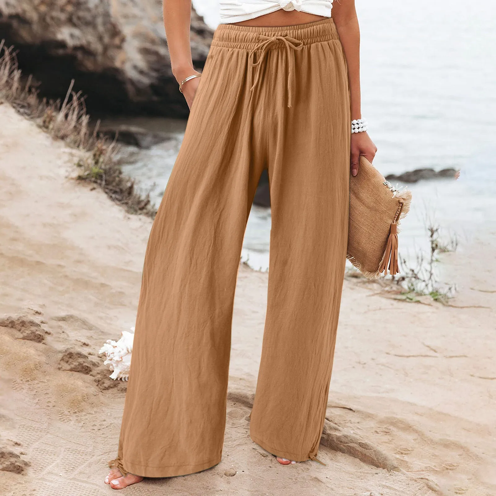 Women's Cotton Linen Pants Drawstring Waist Wide Leg Loose Trousers with Pockets