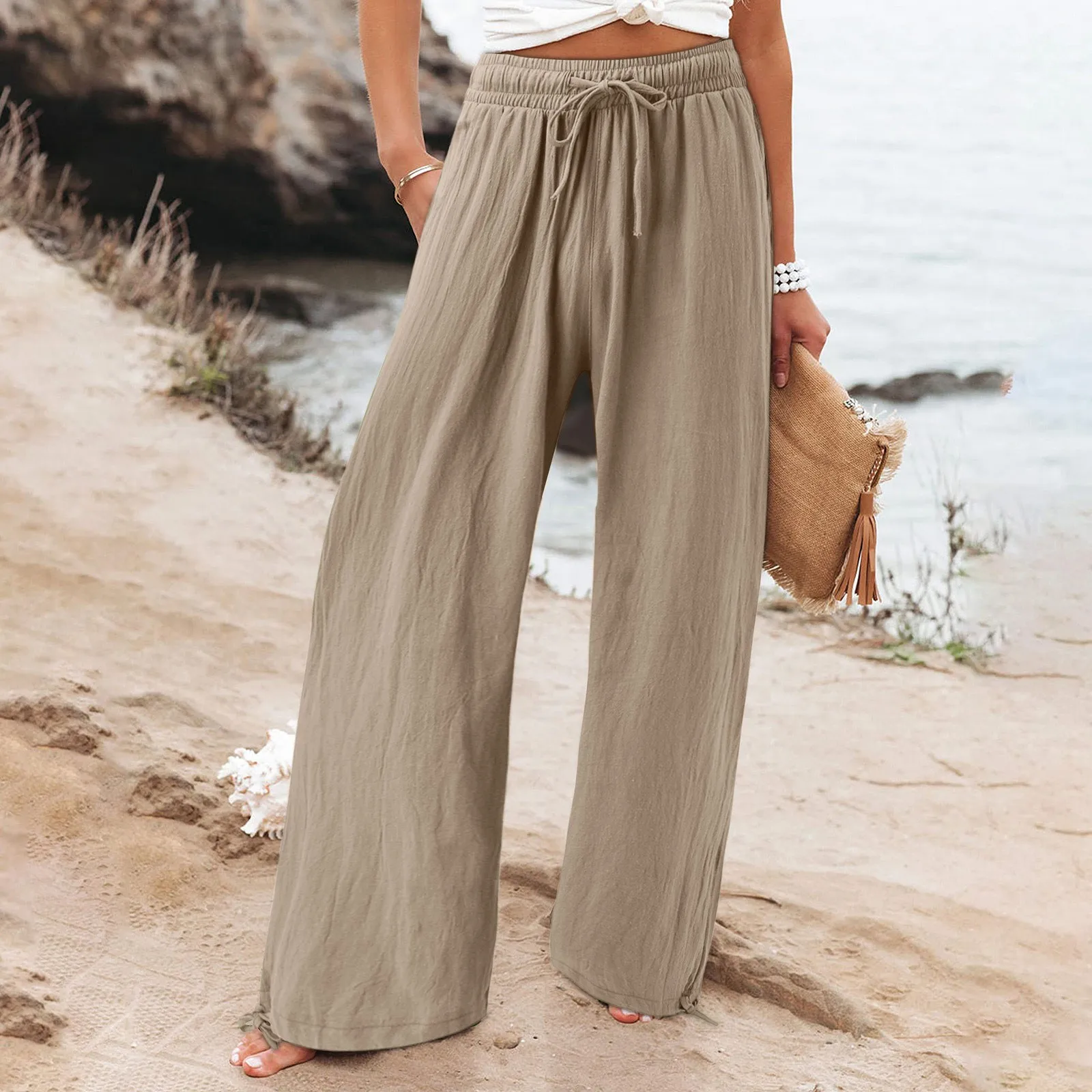 Women's Cotton Linen Pants Drawstring Waist Wide Leg Loose Trousers with Pockets