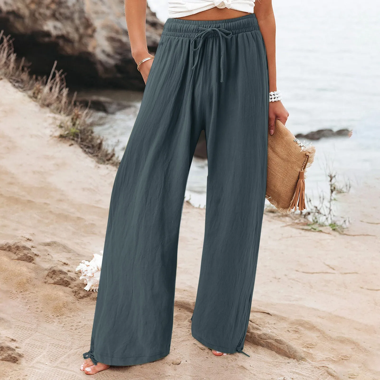 Women's Cotton Linen Pants Drawstring Waist Wide Leg Loose Trousers with Pockets