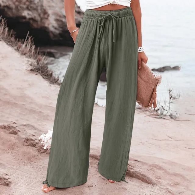 Women's Cotton Linen Pants Drawstring Waist Wide Leg Loose Trousers with Pockets