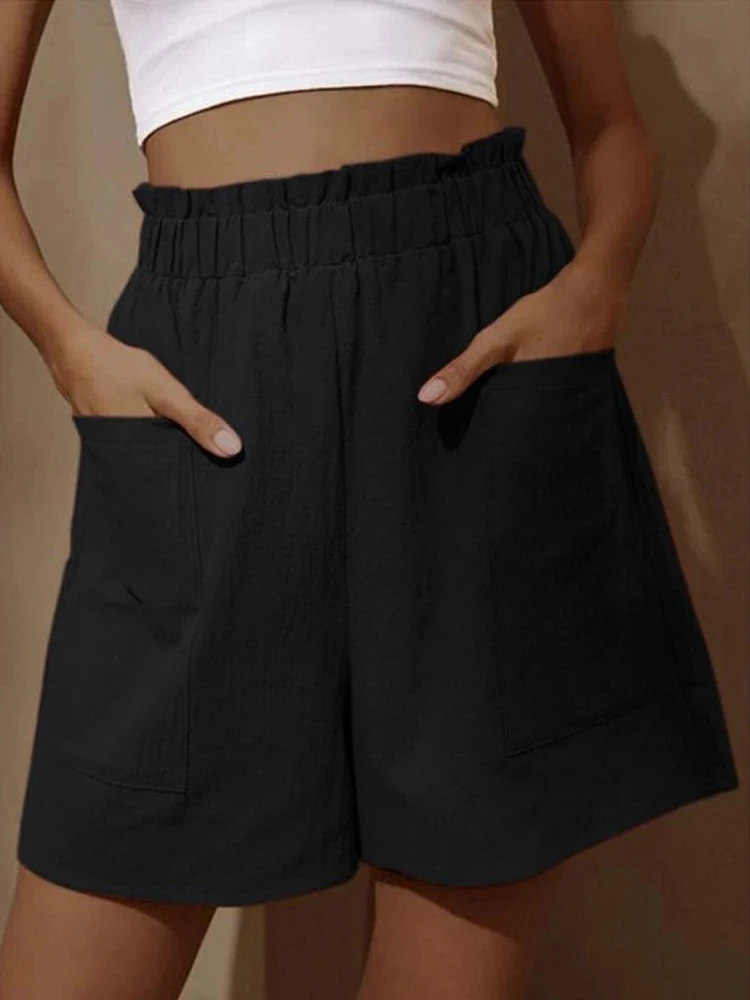 Women new loose large size casual shorts solid color high waist casual wide leg pants