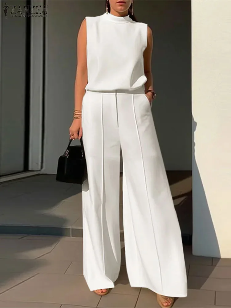 Women Sleeveless Blouse Wide Leg Pants Sets Elegant OL Work Trousers Suits 2PCS Set